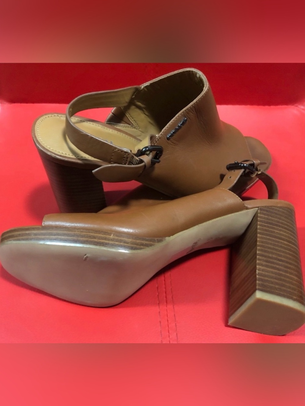 Coach Brown Leather Block Heel Slingback Peep-Toe Sandals - Picture 3 of 10